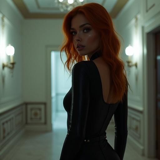 Realistic image of a dark caramel skin girl with dark orange hair. She wears a black tight catsuit and black boots. The setting is a white mansion interior at night, featuring lights, reflections, shadows, and textures.