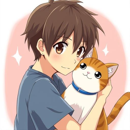 Anime illustration featuring a boy with brown hair and brown eyes holding a cat. The boy has a cheerful expression. Background is soft pink.
