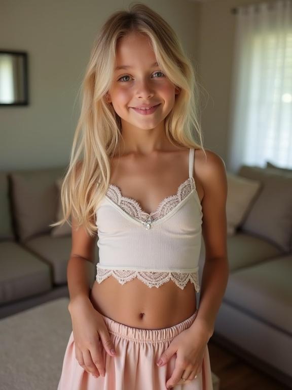 A model in a lace-trimmed cami and a mini pleated skirt showing her midriff. The setting is a cozy living room. The model has blonde hair and a slim waist. The lighting is soft and adds warmth to the image. The overall aesthetic is playful and casual.