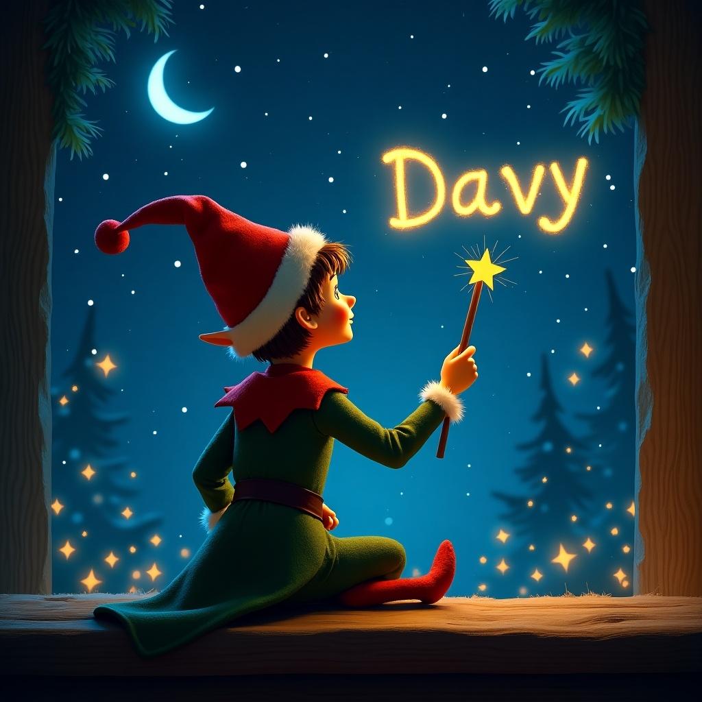 Magical elf on the shelf, back facing, writing in night sky with wand, name Davy appears.