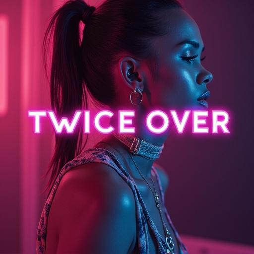 A complex EDM album cover features a close-up of a young woman. Neon pink and blue lights illuminate her face. Text reads 'Twice Over' in bright letters.