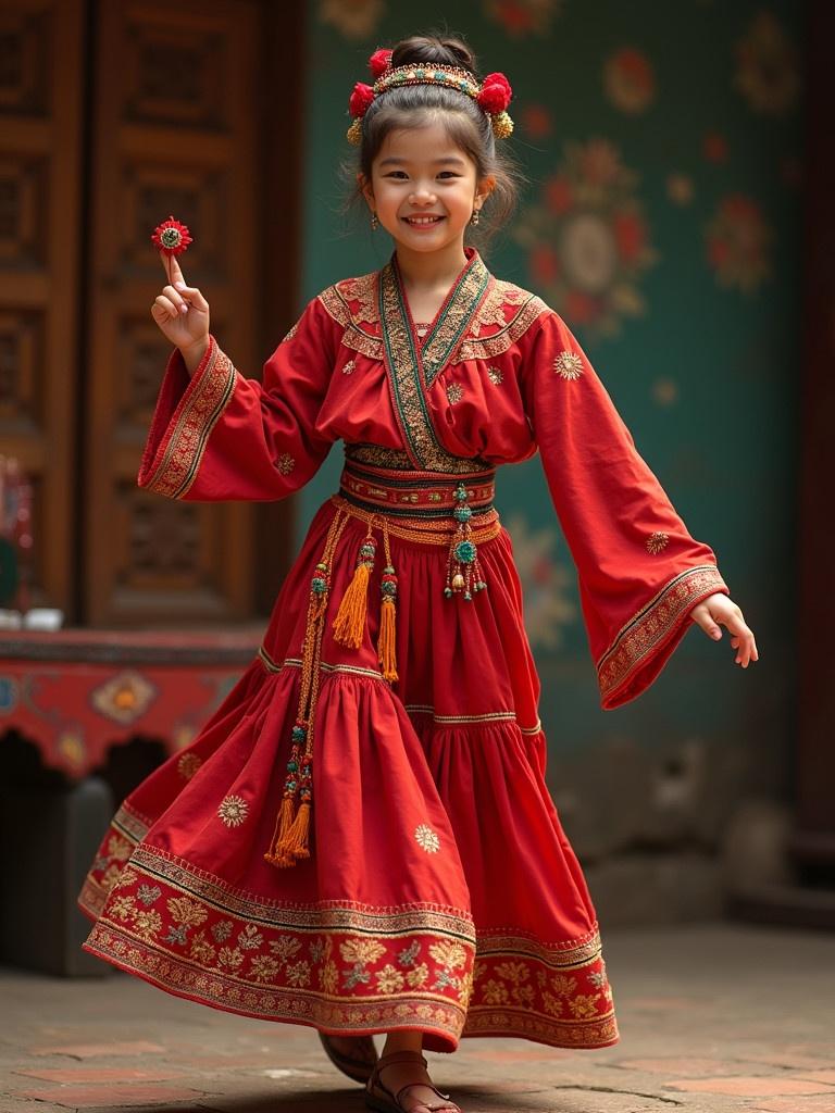 Teen girl performing traditional dance in vibrant red attire. The dancer wears intricate clothing with floral decorations. The background features a colorful, culturally rich decoration.