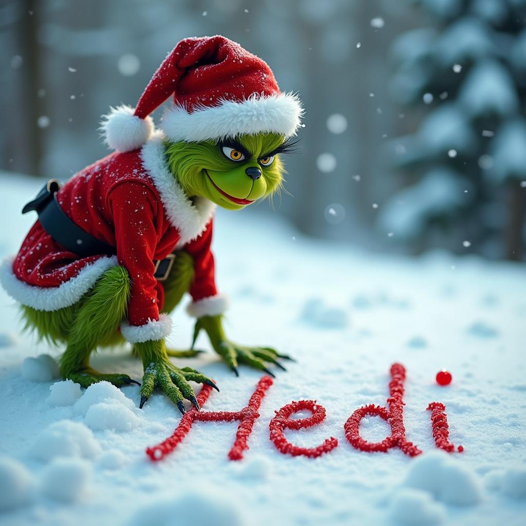 The Grinch in a Santa hat is writing the name Heidi in the snow with berries. There is a snowy forest in the background.