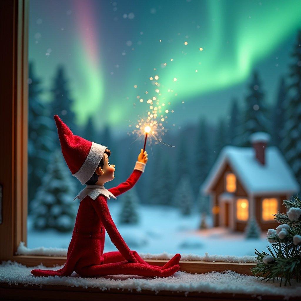 An elf on the shelf sits facing away from the viewer. The elf gazes towards the sky while holding a glowing wand. A beautiful Christmas scene is depicted with colorful northern lights in the background. A cozy house is visible in the distance. Snow covers the ground. The elf symbolizes the magic and wonder of Christmas. The names ‘Heidi, Connie & Polly’ appear in the air from the wand.