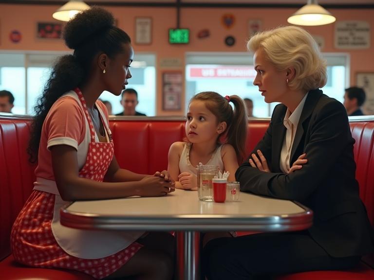 Realistic scene inside classic American diner. Black waitress in retro uniform speaks gently to young white girl sitting at booth. Girl looks up with curiosity and shyness. Girl's mother in blazer glares angrily at waitress. Lighting warm and ambient. Background slightly blurred.