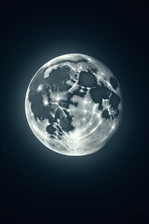 Strange moon glowing brightly against dark night sky. Millions of detailed craters on the surface.