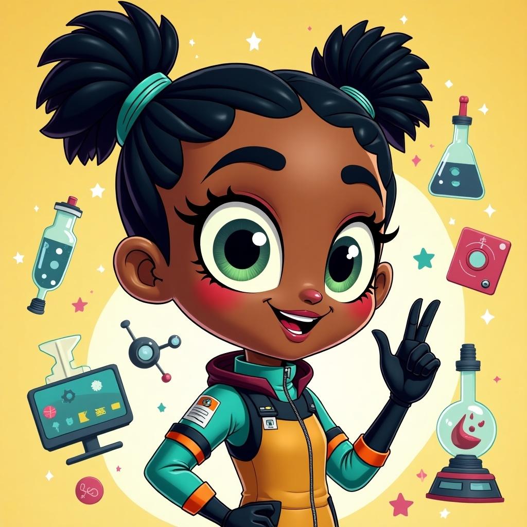 This image features a vibrant cartoon character resembling a young female scientist with pigtails, set against a cheerful yellow background. She wears a teal jacket with fun science-themed accessories around her, like beakers and molecular structures. The character exudes enthusiasm and curiosity, symbolizing a love for science. Her large, expressive eyes and friendly demeanor invite viewers in, making this an engaging illustration for kids. With its bright colors and playful style, the image encourages young audiences to explore the world of science.