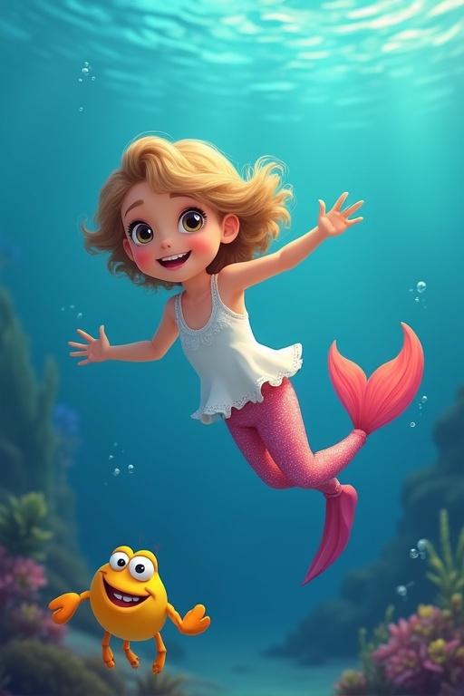 Dark blonde curly haired girl swimming under the sea with pink tail and white vest. She is playing with friendly sea creatures.