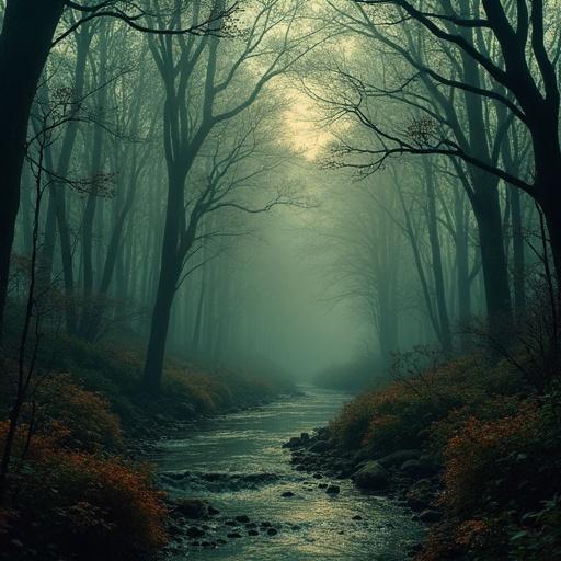 Creepy garden with a cinematic feel featuring a foggy forest and a winding stream. The atmosphere is dark with natural colors.