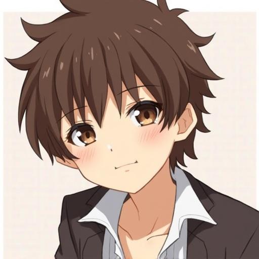 Anime boy with brown hair and brown eyes. Dressed in a black blazer. Smiling softly with rosy cheeks.
