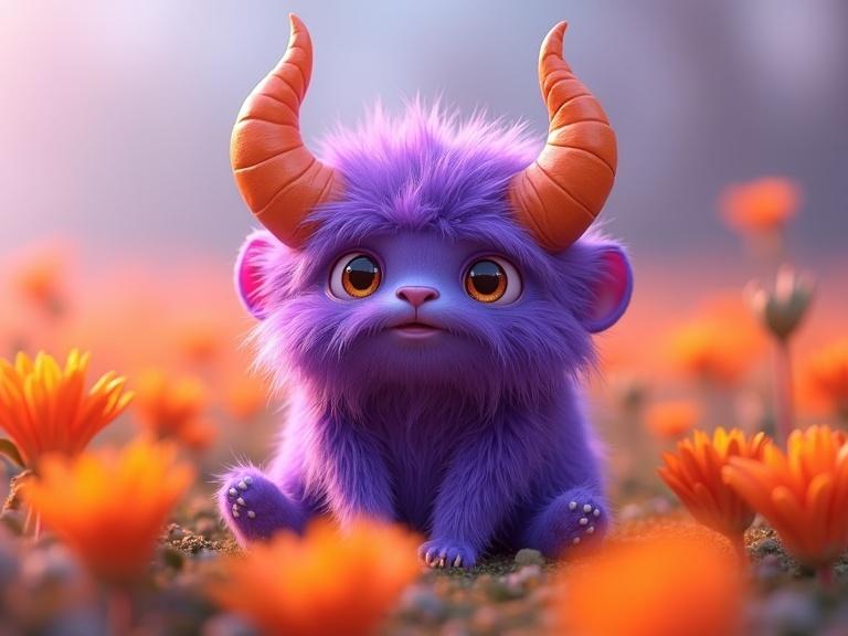 Closeup of a cute purple fluffy monster sitting in a field of orange flowers. The monster has prominent horns and big eyes. The scene is bright and colorful, showcasing a fantasy atmosphere with a well-defined structure and texture in the character design.