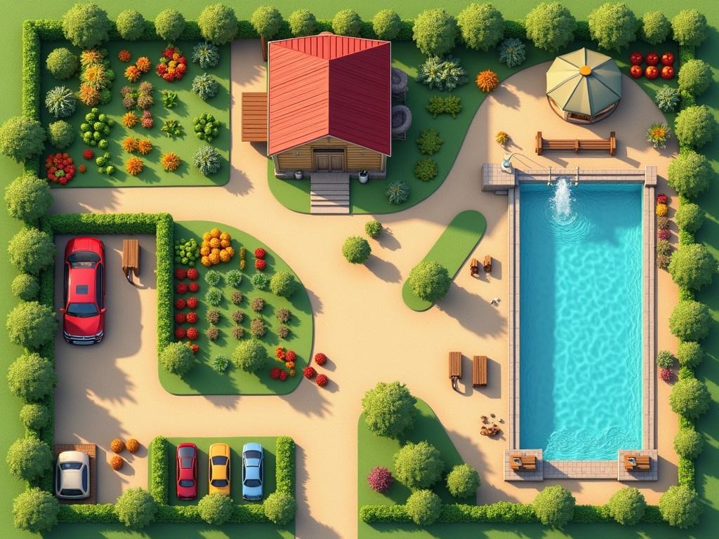 Top view layout of a farm resort featuring a colorful vegetable garden and a swimming pool. The house sits near the pool with an activity area nearby. Parking spaces and greenery frame the layout.