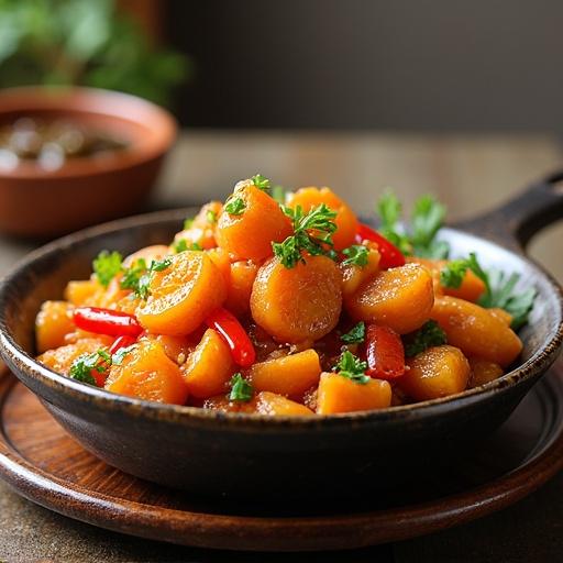Close up of a delicious dish featuring thick slices of ham and vibrant stir-fried vegetables. The dish is arranged beautifully and garnished with fresh herbs. It is served in a cast iron skillet on a wooden platter.