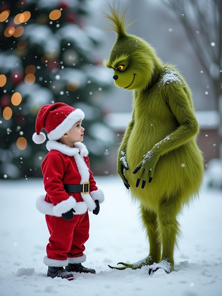 A child in a Santa outfit stands in the snow next to a Grinch character during Christmas festivities.