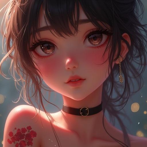Hyperrealistic digital painting of a cute anime woman. Focus on face and body with light and shadows. Bokeh in the background. Choker around the neck. Art style influenced by notable artists.