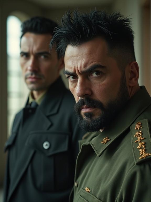 A large man in military clothing with thick black hair stares fiercely at the camera. A middle-aged man with a thin face stands nearby. Both display a menacing presence. The shot is taken from a low angle.