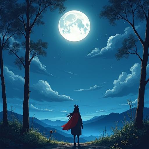 A girl in a red cape standing under a full moon. The scene is atmospheric and whimsical, with a sense of adventure. The background features mountains and trees under a night sky with clouds.