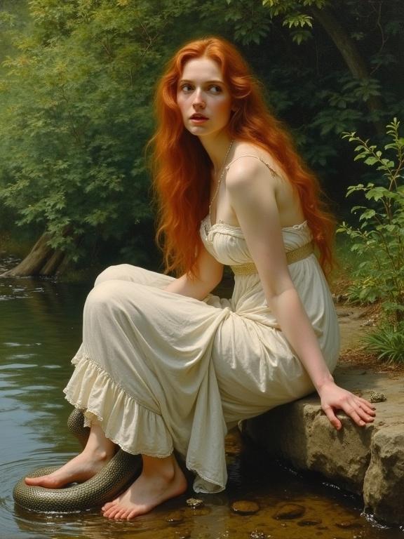 A classically styled woman with long red hair sits by a stream. She has a surprised expression. A snake wraps around her ankle. Lush green foliage provides background. Dappled sunlight creates a soft lighting effect. Detailed brushstrokes reflect hyperrealism. The painting draws inspiration from notable artists like Sigmar Polke, John William Waterhouse, Lawrence Alma-Tadema, and Sir Frederic Leighton.