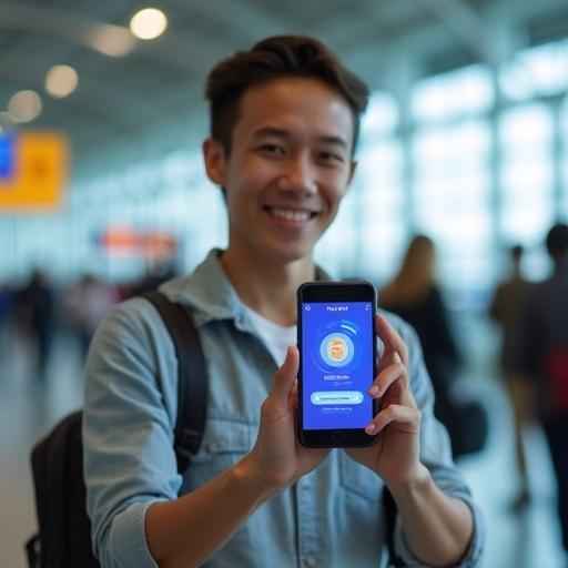 A young professional holds a smartphone showing the Flexiroam X eSIM screen in a busy airport terminal. The image symbolizes effortless travel and connectivity while avoiding high roaming fees.