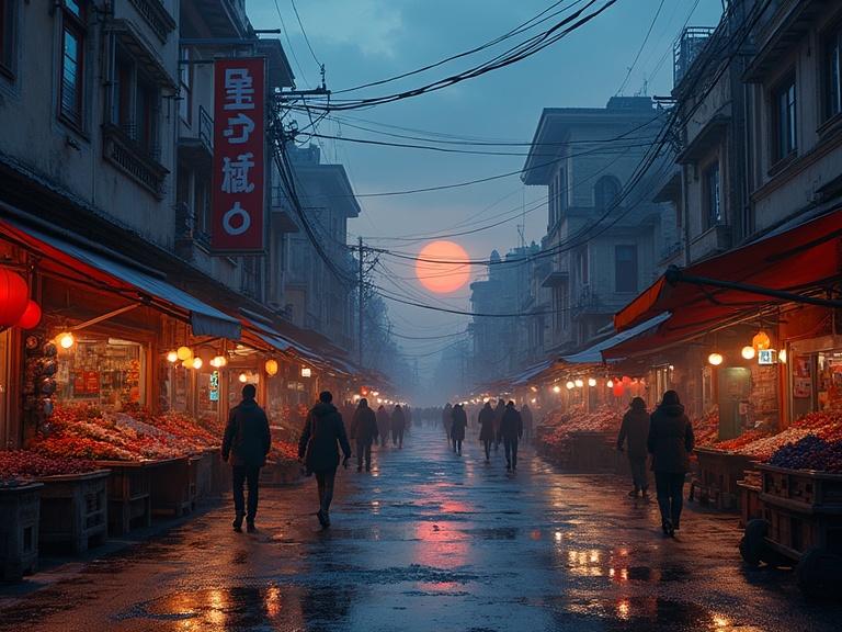 Marketplace street scene in year 3025. Twilight sky above. Vendors with stalls. Large orange sun. Reflection on wet pavement.