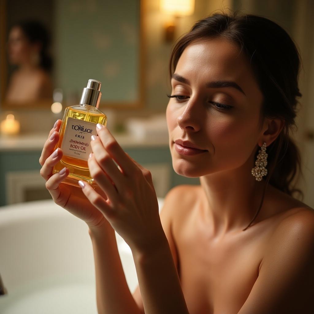 A woman applies shimmering body oil. The focus is on her hands and the oil bottle. The setting is a luxurious bath environment.