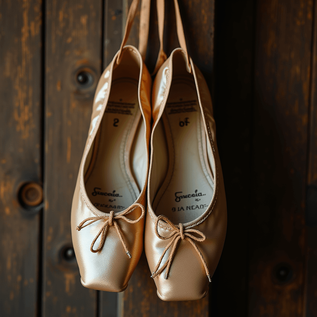 This image features a pair of pointe ballet shoes hanging on a rustic wooden wall. The ballet shoes are champagne-colored with a satin finish, reflecting a soft glow. They are elegantly tied with ribbons forming neat bows at the toes. The interior of the shoes is visible, showing the insoles with writing on them. The wooden wall has a natural texture with visible knots and a dark, stained finish, providing a warm and contrasting backdrop to the delicate footwear. The overall ambiance of the image is peaceful and artistic, evoking a sense of grace and poise associated with ballet.