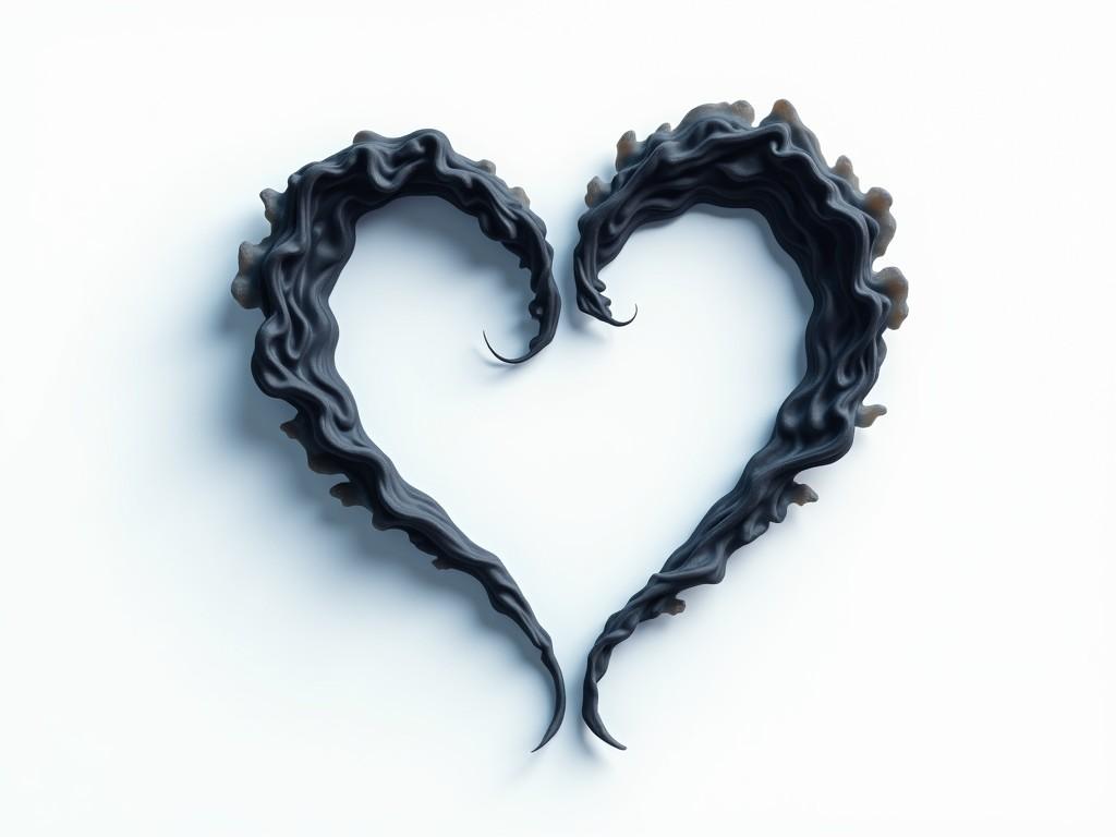 The image features a heart shape formed by two symmetrical, dark, worm-like structures against a stark white background. The structures have a glossy, textured appearance, adding depth and an organic feel to the composition. The contrast between the dark forms and the white background creates a striking visual effect.