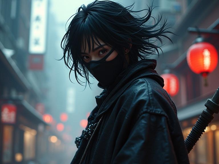 A scene featuring a Japanese ninja character in hot pants with black hair. The character has a mask covering the face. The setting is dark with a cyberpunk feel. The character is in a full-body dynamic action pose against a dramatic background with cinematic lighting.