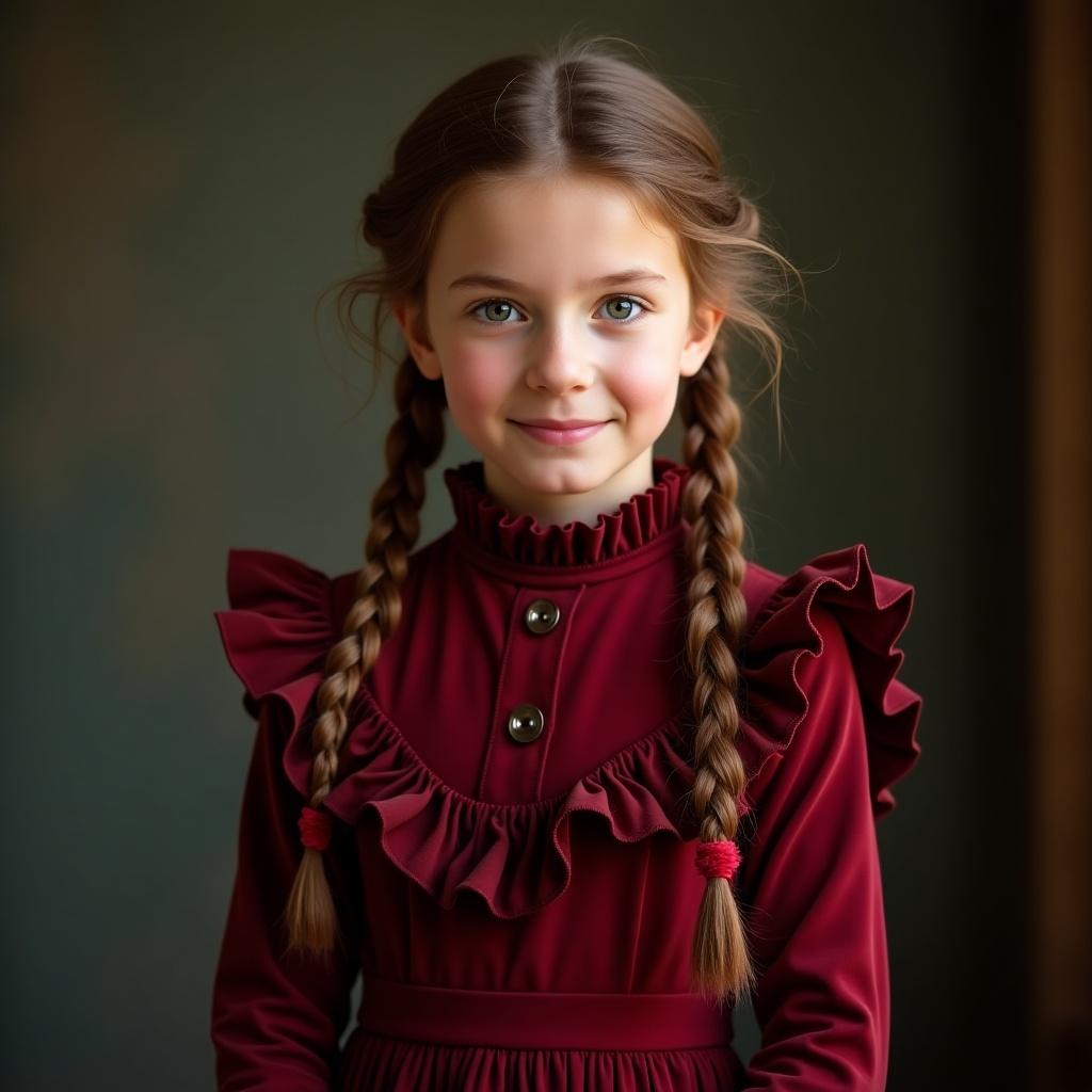 Victorian style clothing in dark red color with slight ruffles. The girl has braids in the same color as the dress.