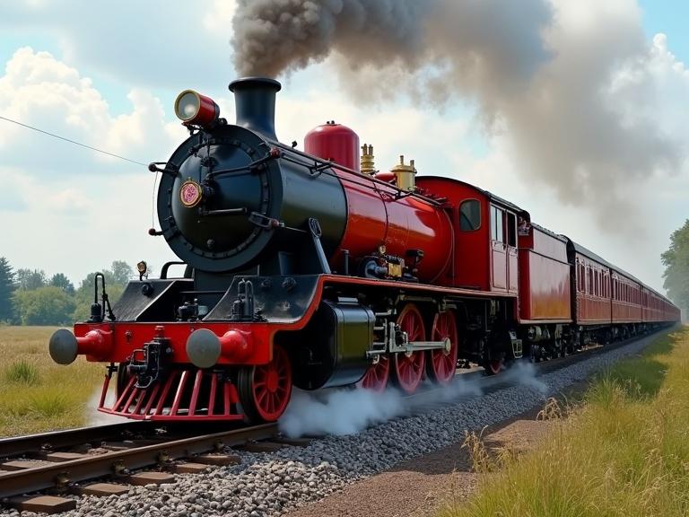 An antique steam locomotive with large wheels in motion. The train is vibrant red with gold accents. Smoke billows from the top as it travels along the tracks. The background shows open fields under a bright sky.