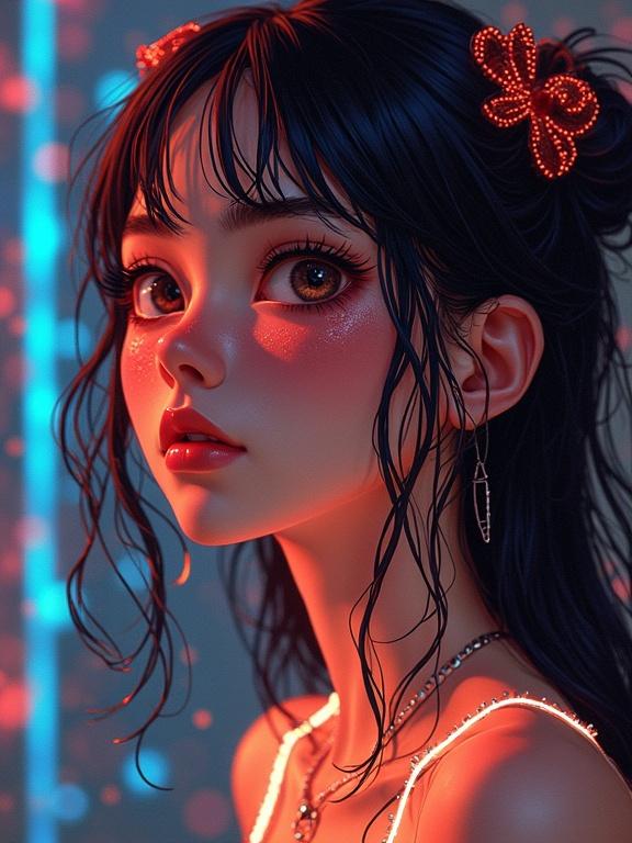 Portrait of a young woman with dark hair and floral accessories. Realistic features with glossy skin and expressive eyes. Background with bright, diffused lights creating a dreamy atmosphere.