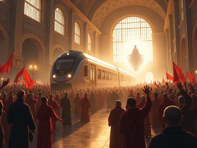 A vibrant scene at Moscow's railway station welcoming White Tara. A large crowd gathers, waving flags and flowers. High arching windows let in golden light. White Tara, graceful and radiant, steps off the train, depicted traditionally with a third eye and a lotus flower. Elegant atmosphere mixes the modern train with spiritual elements. Joyous and uplifting mood as the divine meets everyday life.