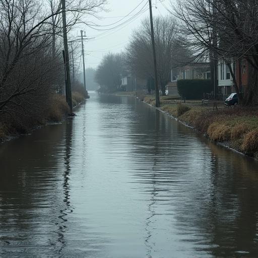 A flooded urban waterway with reflection. Overcast weather with bare trees and telephone poles nearby. Calm water with ripples. Neighborhood houses partially visible.