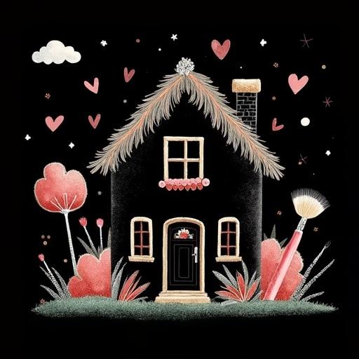 Illustration of a house with beauty tools floating around. Colors include a dark shade and light pink. It has a black background.