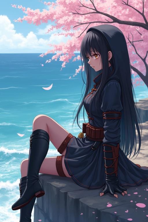 Attractive young Japanese woman with long black hair and bright brown eyes. She wears a samurai-style hooded uniform with thigh-high military boots. She sits on a cliff in a cherry grove looking at the sea.