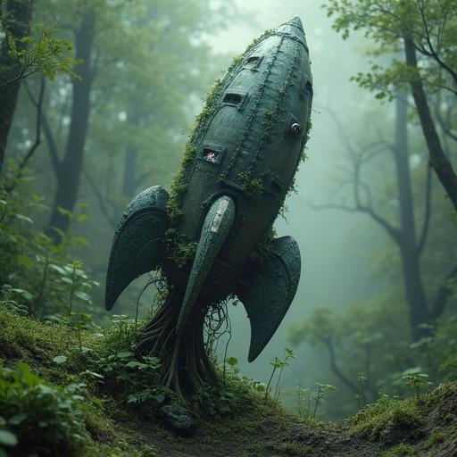 A bio-organic rocket emerges from an alien forest. The scene is crafted in digital art style with biomechanical surrealism influences drawing inspiration from H.R. Giger. The rocket features a fuselage covered with vines and bone textures. The color palette includes green-gray and violet tones, and the ambient light is moody.