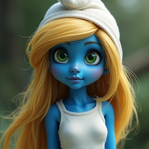 A female Smurf with blonde hair and green eyes appears realistic. She has long hair and wears a simple outfit. The background is blurred to emphasize her features