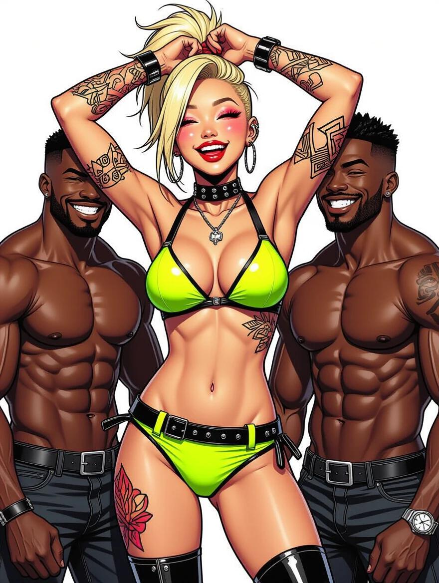 Hot Asian cyberpunk model features in an edgy bright bikini. High blonde ponytail creates a bold look. Strong makeup emphasizes facial features. Tatoos adorn model's skin. High boots complete the outfit. Confident expression while laughing. Hands posed above the head. Three muscular black men are beside her. They smile slyly and look at her.