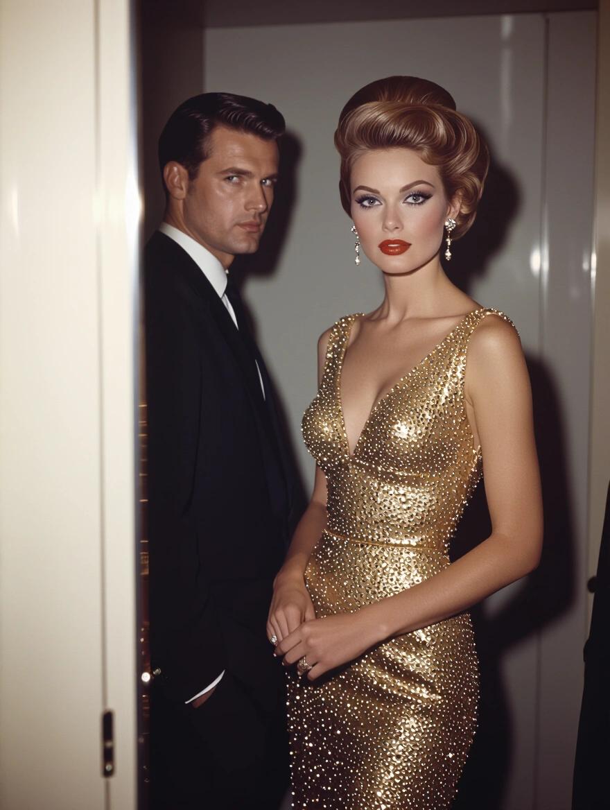 Framed portrait of a woman in a beaded gold dress encountering the viewer. She has an updo hairstyle and looks sophisticated. A man in a black suit stands beside her. Captured in a low-light setting with soft natural illumination creating a striking yet intimate atmosphere.