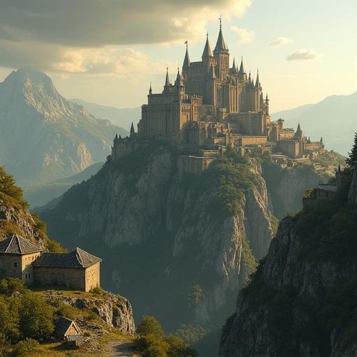 A fantasy landscape featuring an imposing castle situated on a mountain peak. The castle is intricately designed with spires and towers. Surrounding mountains and valleys create a vast backdrop. The scene captures a mystical and epic atmosphere.