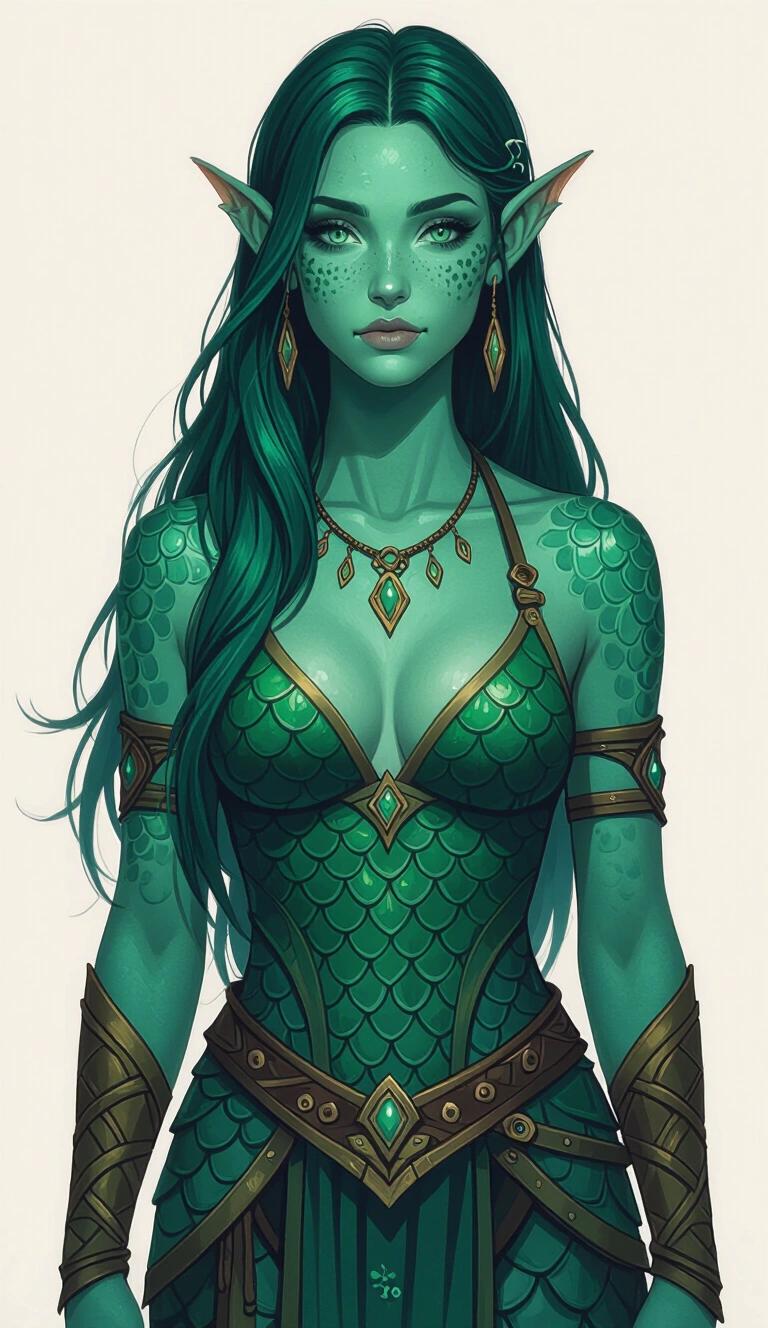 Acrylic painting of a full body young druid fish-girl. Character has webbed fingers and sharp fins. She has wide ears and teal scaled skin. Clothing is inspired by Theros fantasy. Long green hair enhances the druidic theme.