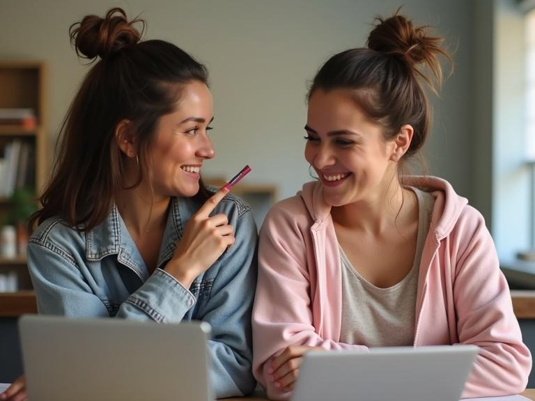 Two women smiling and interacting. One woman points a pen towards another. They are sitting in a modern workspace with laptops in front. A cozy and friendly atmosphere is present. Both women wear casual clothing.