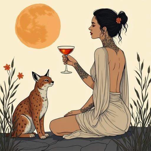 Minimalist portrait of a goddess in a modern style. Adorned with tattoos. Seated in a garden. Offering a toast with a cocktail glass. Loose bun hairstyle with a flower. Wearing an open boho blouse and wrap skirt. Nearby stone with an apothecary bottle labeled 'ALFRUNO'. Lynx watching the scene. Bold black outlines against a beige background. Inspired by zen art. Evoking mystery and elegance.