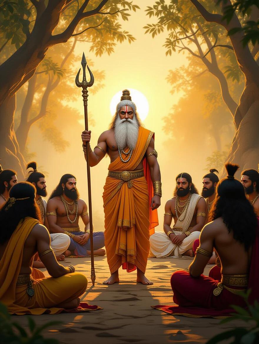In an ancient forest ashram lit by sunrise Guru Dronacharya stands tall in saffron robes holding staff. Around him are Pandavas and Kauravas in semi-circle with focus. Arjuna in blue armor holds bow. Bhima in maroon armor has mace. Dharmaraja in white and gold robes with sword. Kauravas led by Duryodhana wear darker outfits. Warriors look determined. Dronacharya blesses them speaking of defeating King Drupada. Sacred fire burns nearby birds fly overhead ancient temple bells audible.