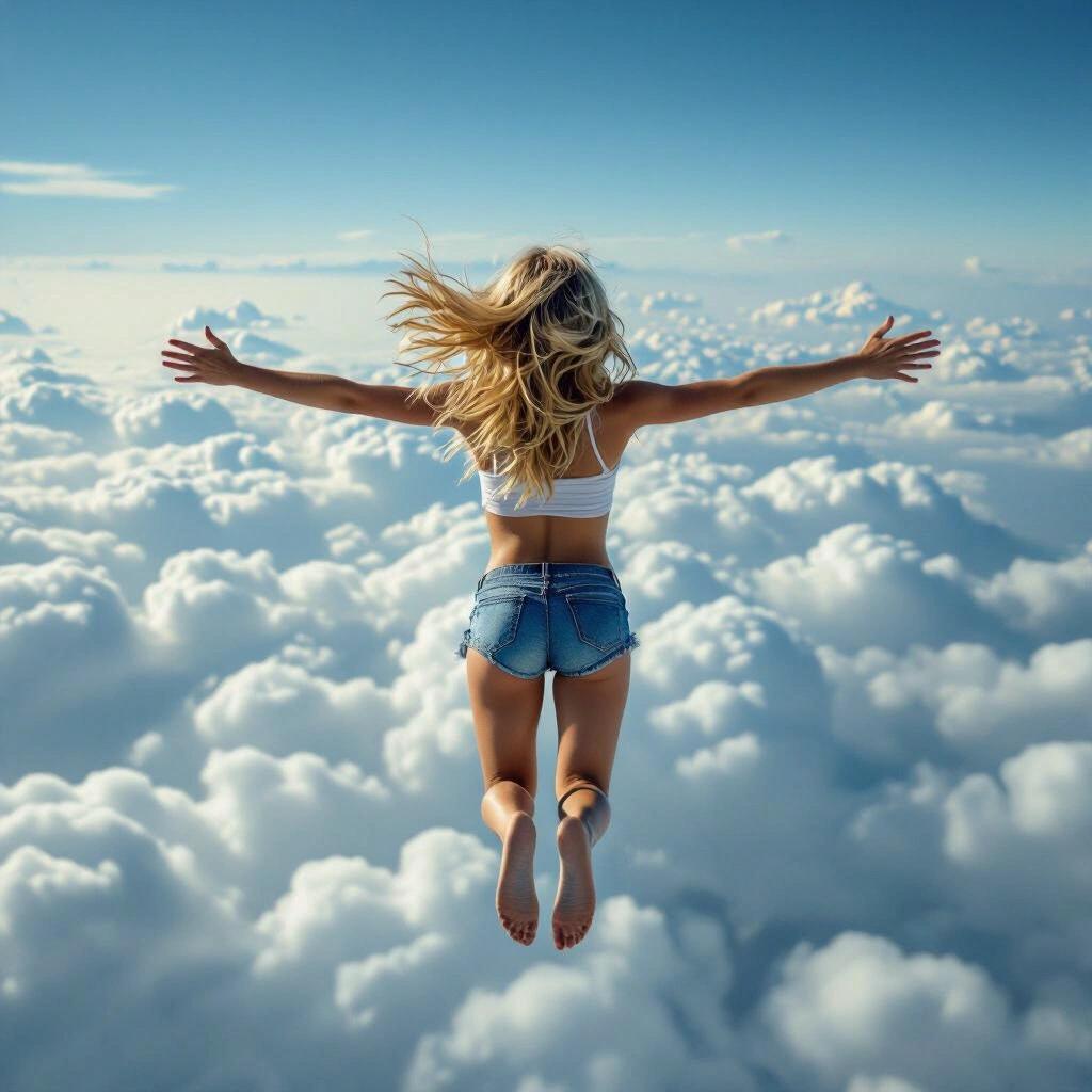 Young girl wearing shorts flies above clouds. Arms outstretched, feet off ground. Captures feeling of freedom and adventure.