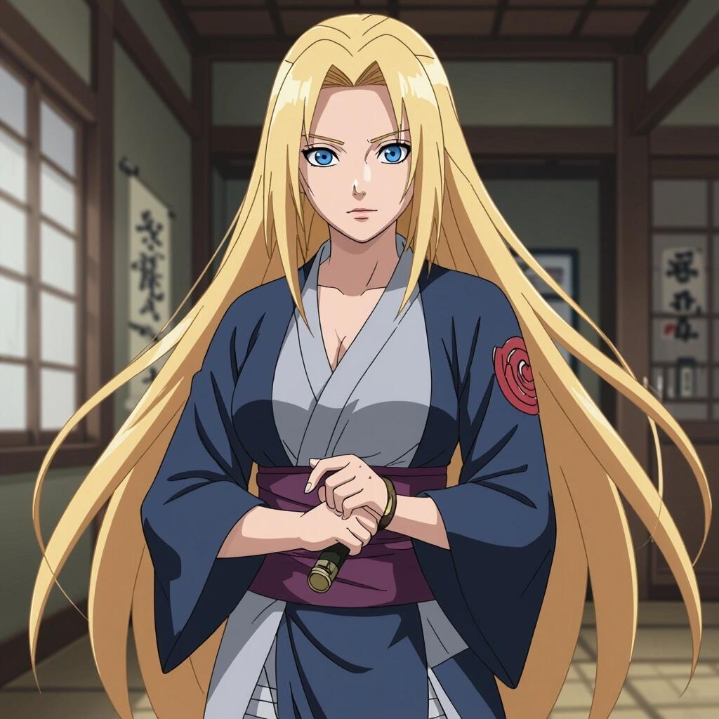 Character Tsunade from anime Naruto with long blonde hair. Wearing traditional clothing with a sword. Serious expression in a dojo setting.