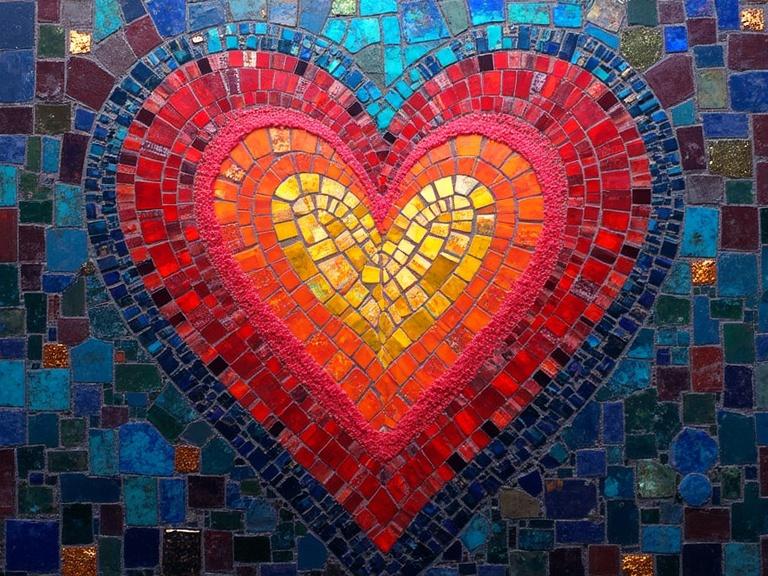 A vibrant heart shape created using ceramic tiles and glass in a mosaic style. The colors blend from red to yellow and orange, framed by blue and green tiles. The artwork has an ethereal and abstract quality, resembling encaustic mixed media.