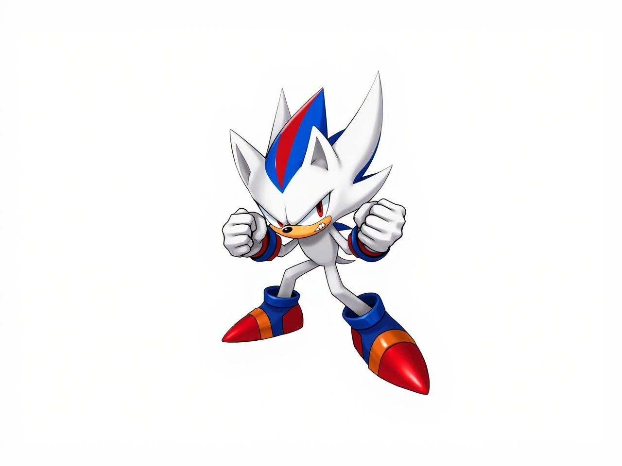 This is an illustration of Shadic, who is a fusion character combining Sonic and Shadow. He has white fur with striking blue and red highlights in his spiky hair. His expression is fierce, showing intense determination as he clenches his fists. He is wearing a pair of stylish red shoes that have a sleek design, similar to Sonic's. His body is slightly angled as if he is preparing to dash forward at high speed. The background is plain white, emphasizing the dynamic pose of the character. This artwork captures the essence of speed and strength associated with the Shadic character.