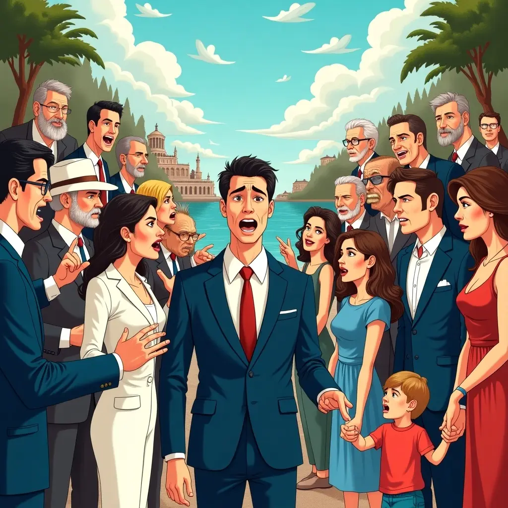 This vibrant illustration showcases a chaotic family gathering centered around a young man in his late 30s, dressed in a suit and exhibiting a desperate expression as he attempts to mediate between two large, animated families. To the left, one family is characterized by a loud man in a blue suit and glasses arguing with a blonde-haired woman in a white suit, while nearby, a rugged old gentleman in casual attire and a disapproving woman with a pie add to the scene. The right side features an agitated man with a beard, his elegantly dressed wife, three distinct brothers, and a wealthy paternal figure, all contributing to the spirited disagreement. Iconic Croatian symbols like the fluttering flag and scenic landmarks form a colorful backdrop, emphasizing the cultural setting of this lively narrative.