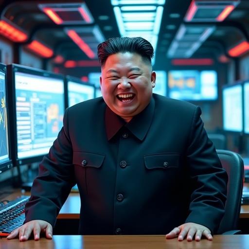 A laughing figure in a military uniform inside a high-tech military base command center. Surrounded by LED LCD monitor screens and computers. Featuring state-of-the-art military gadgets and neon fluorescent lamps. Multicolored glowing wires and electronic contraptions. The figure is looking at the camera from the front side angle.